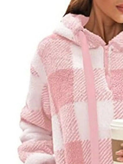 Full Size Plaid Sherpa Drawstring Hoodie Plus Size 16