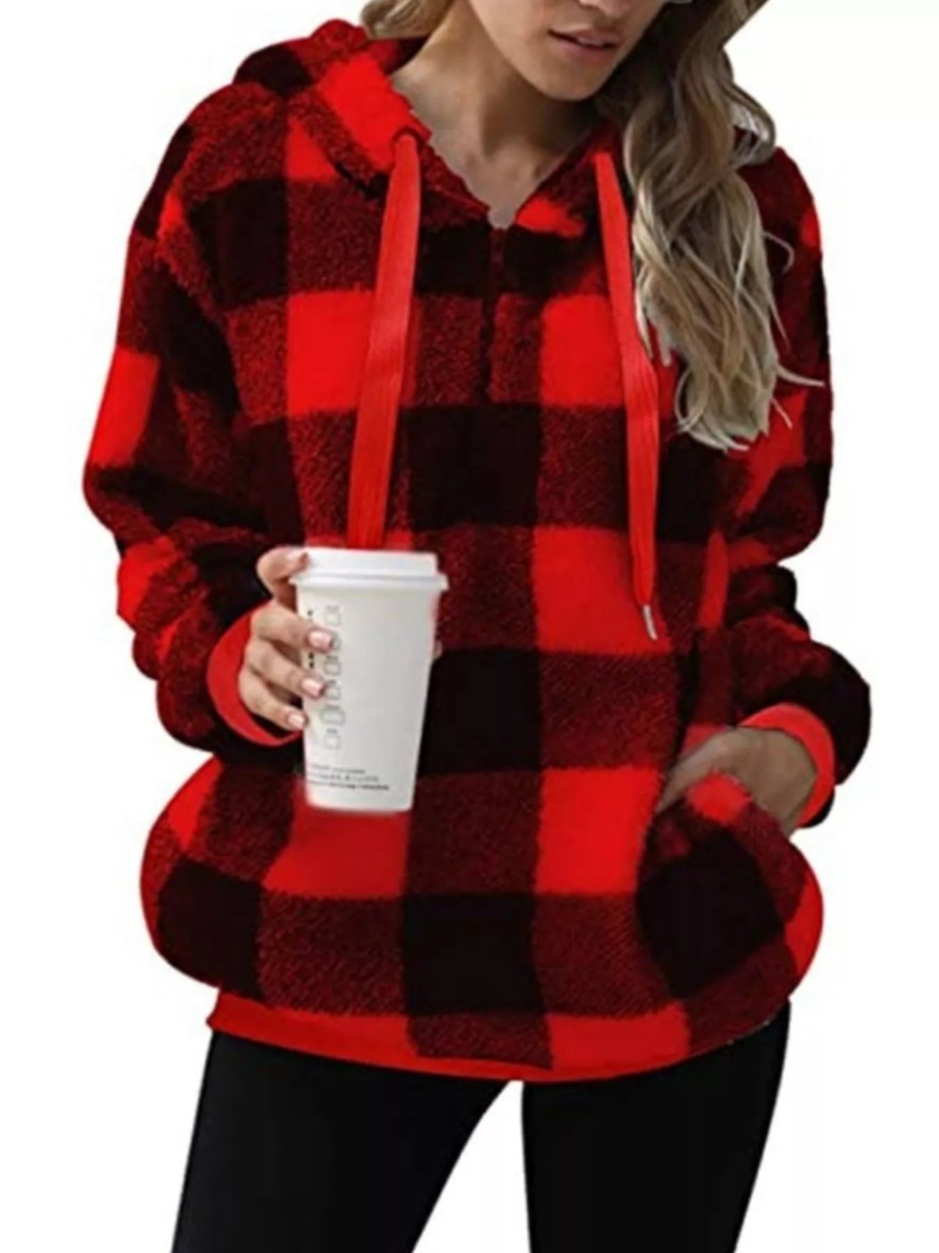 Full Size Plaid Sherpa Drawstring Hoodie Plus Size 18