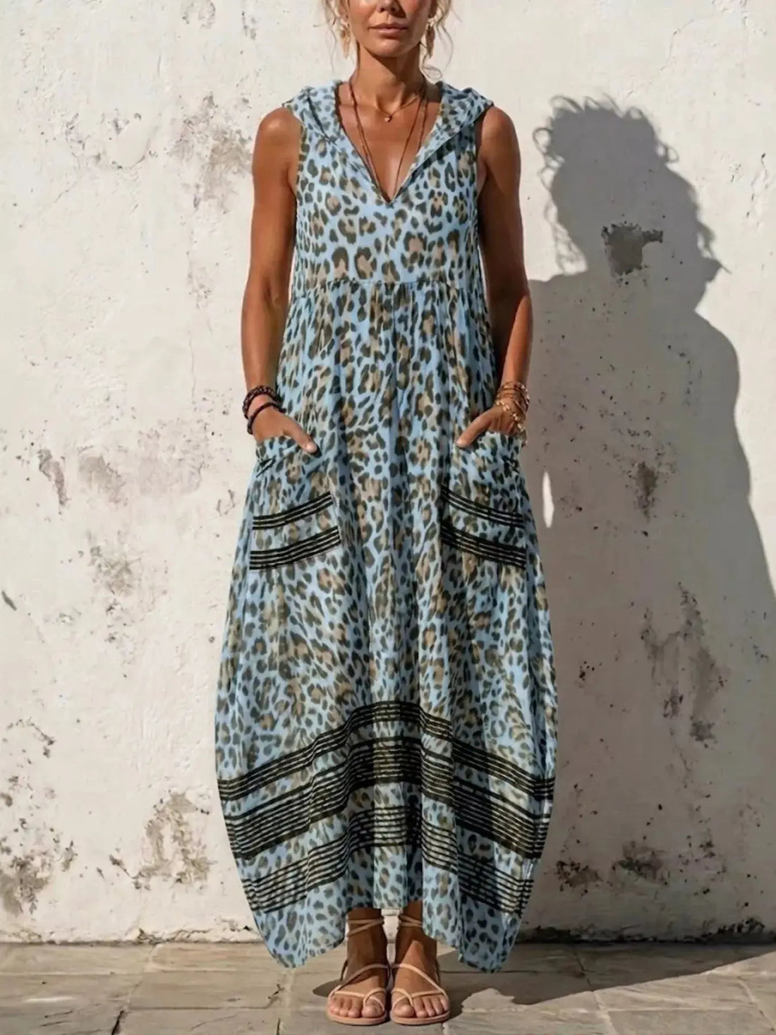 Full Size Sleeveless Hooded Leopard Print Maxi Dress