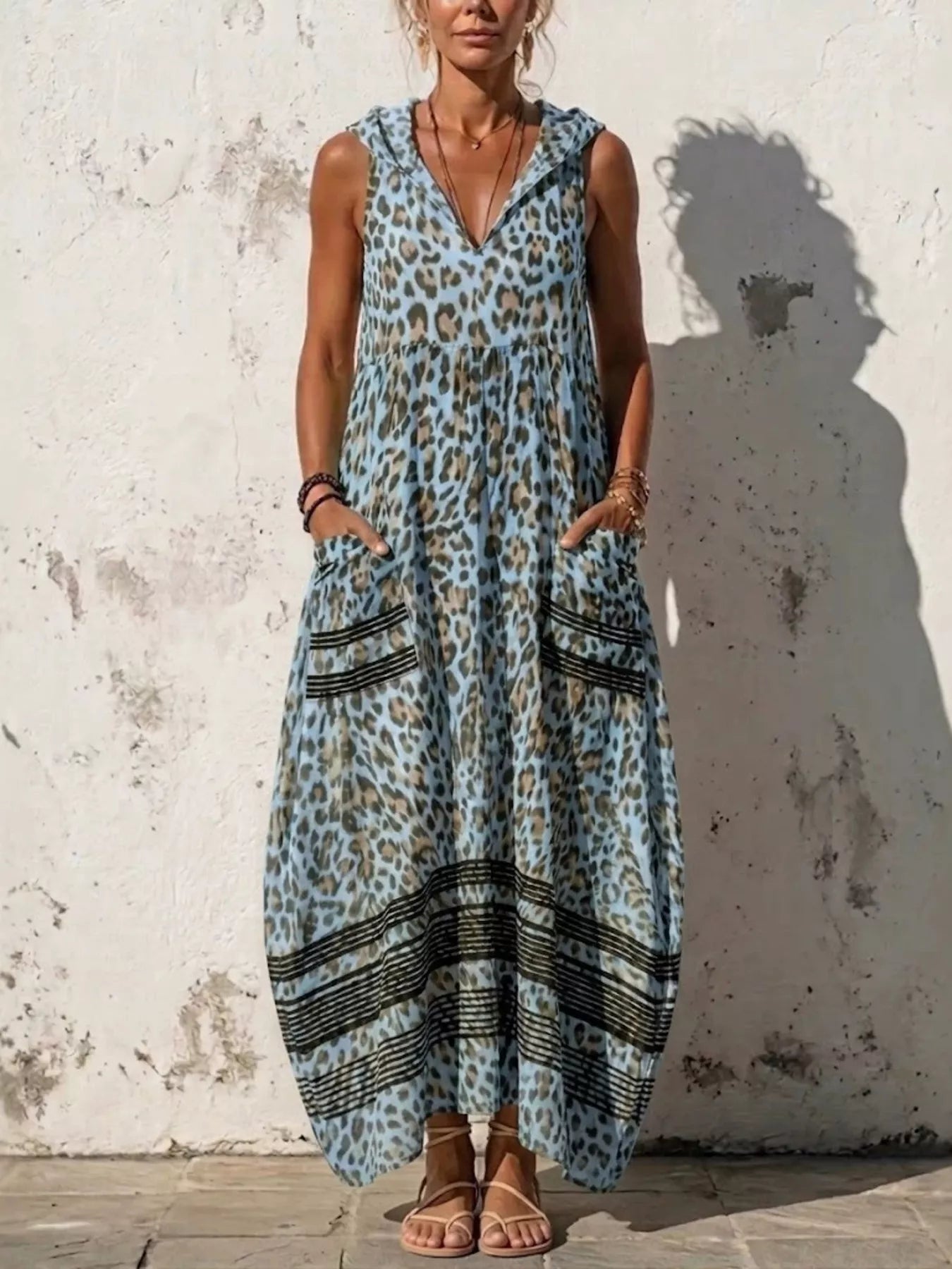 Full Size Sleeveless Hooded Leopard Print Maxi Dress