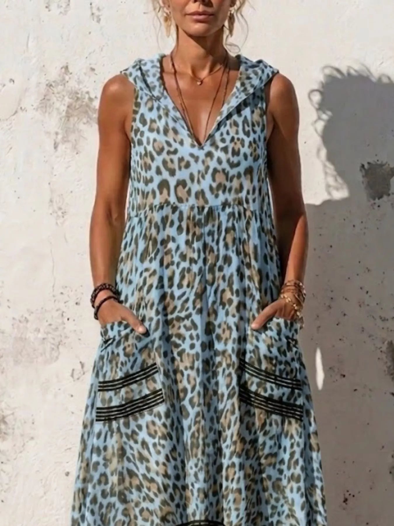 Full Size Sleeveless Hooded Leopard Print Maxi Dress 1