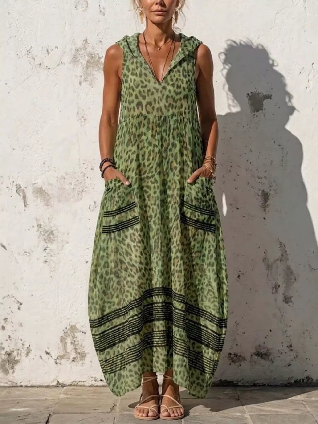 Full Size Sleeveless Hooded Leopard Print Maxi Dress 2