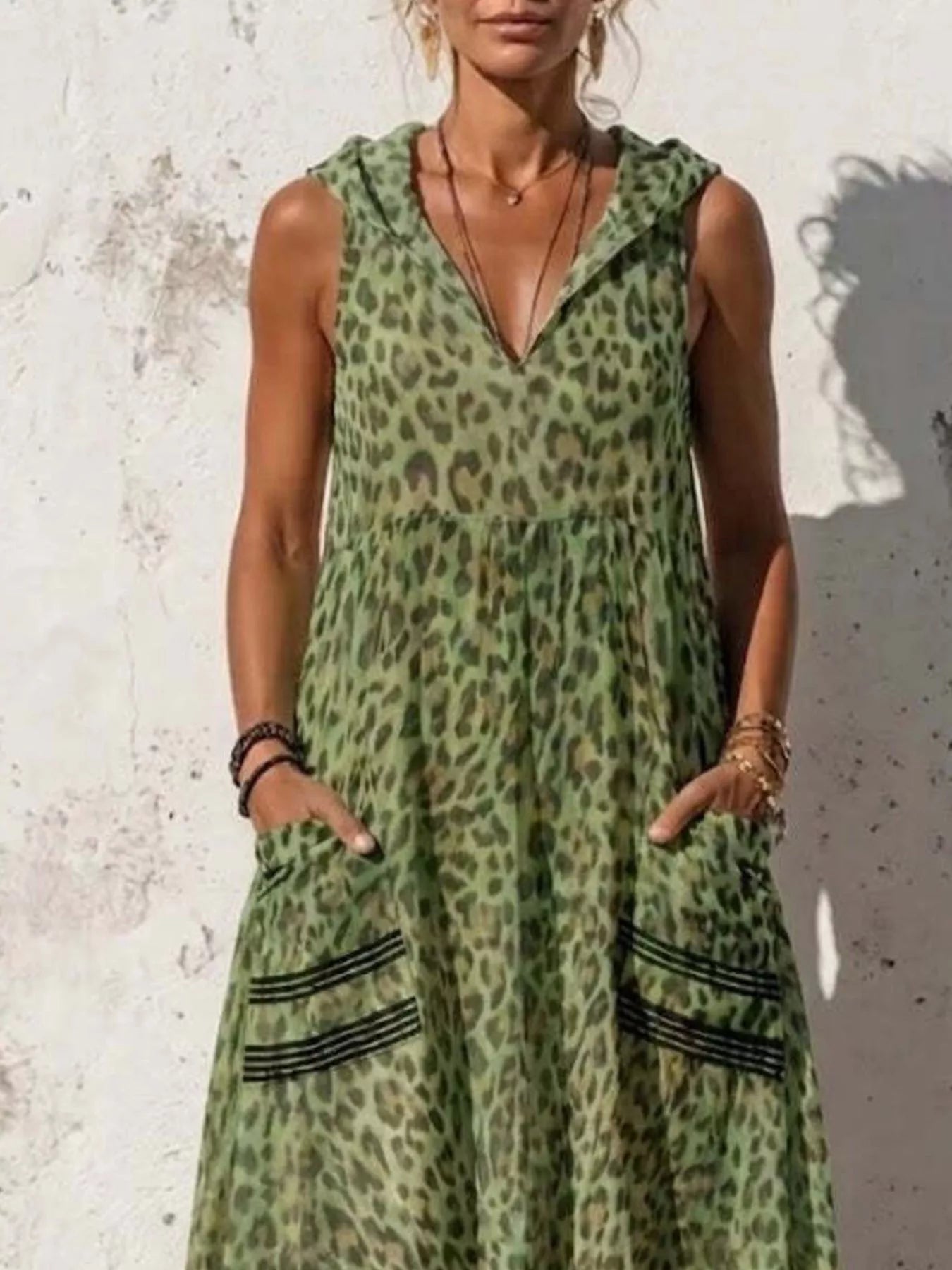 Full Size Sleeveless Hooded Leopard Print Maxi Dress 3