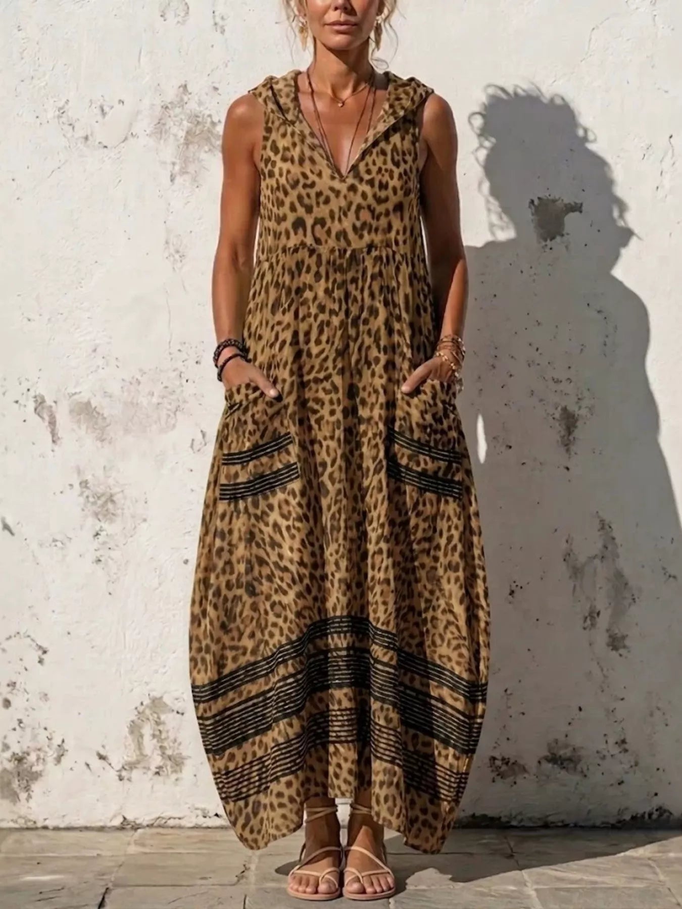 Full Size Sleeveless Hooded Leopard Print Maxi Dress 4