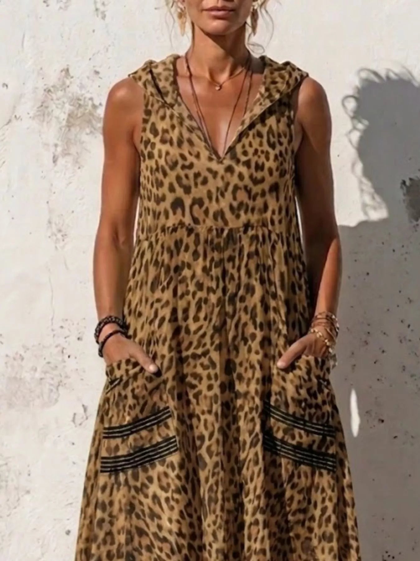 Full Size Sleeveless Hooded Leopard Print Maxi Dress 5