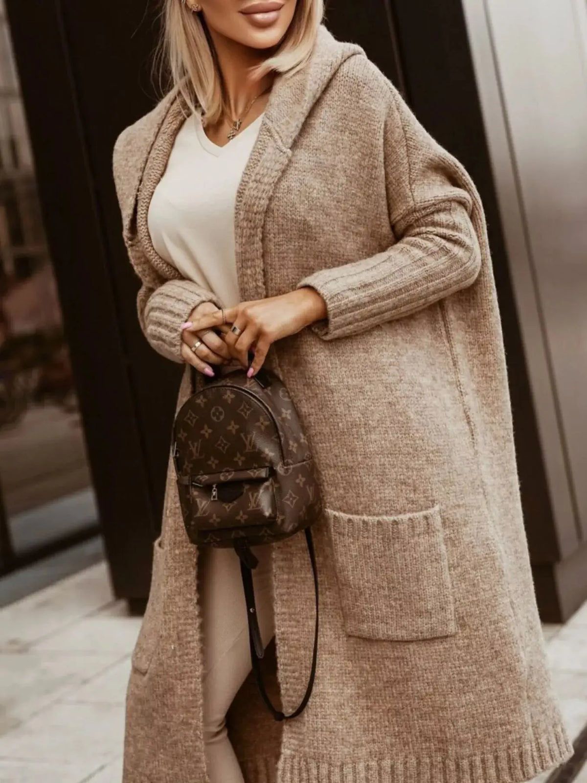 Full Size Hooded Knit Open Front Cardigan Plus Size18