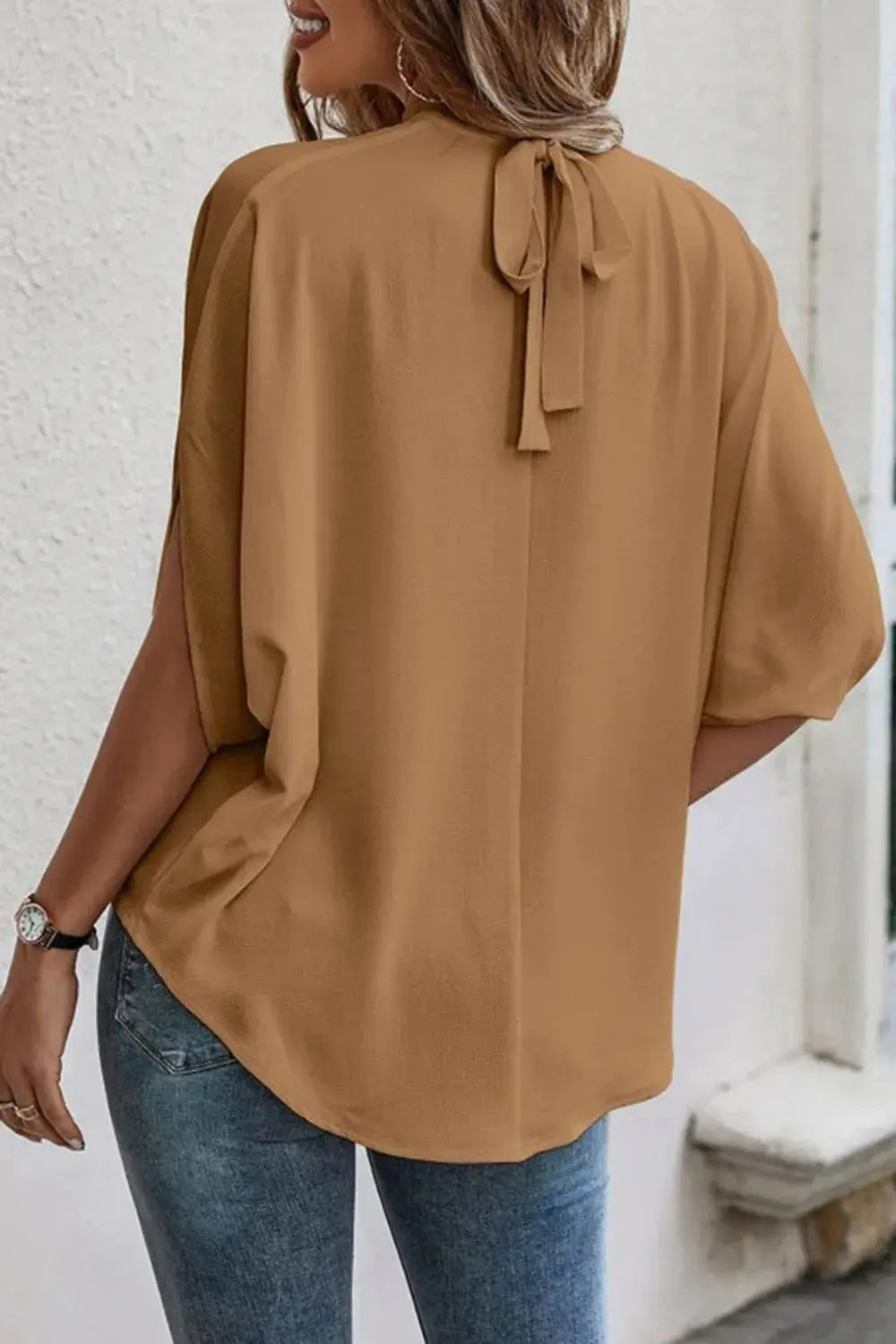 Tie Back Slit Half Sleeve Blouse 01