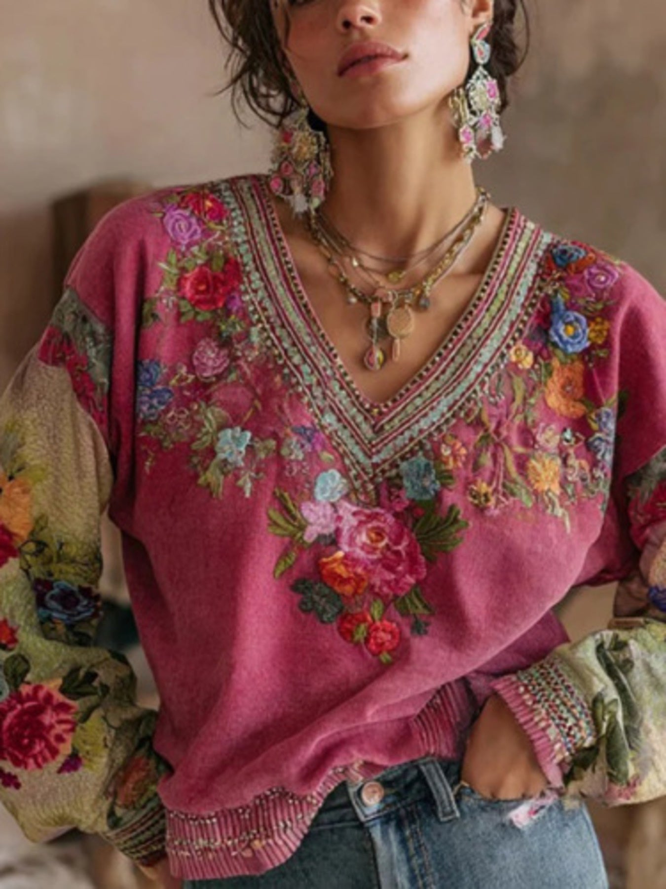 Full Size Floral V-Neck Blouse Plus Size 