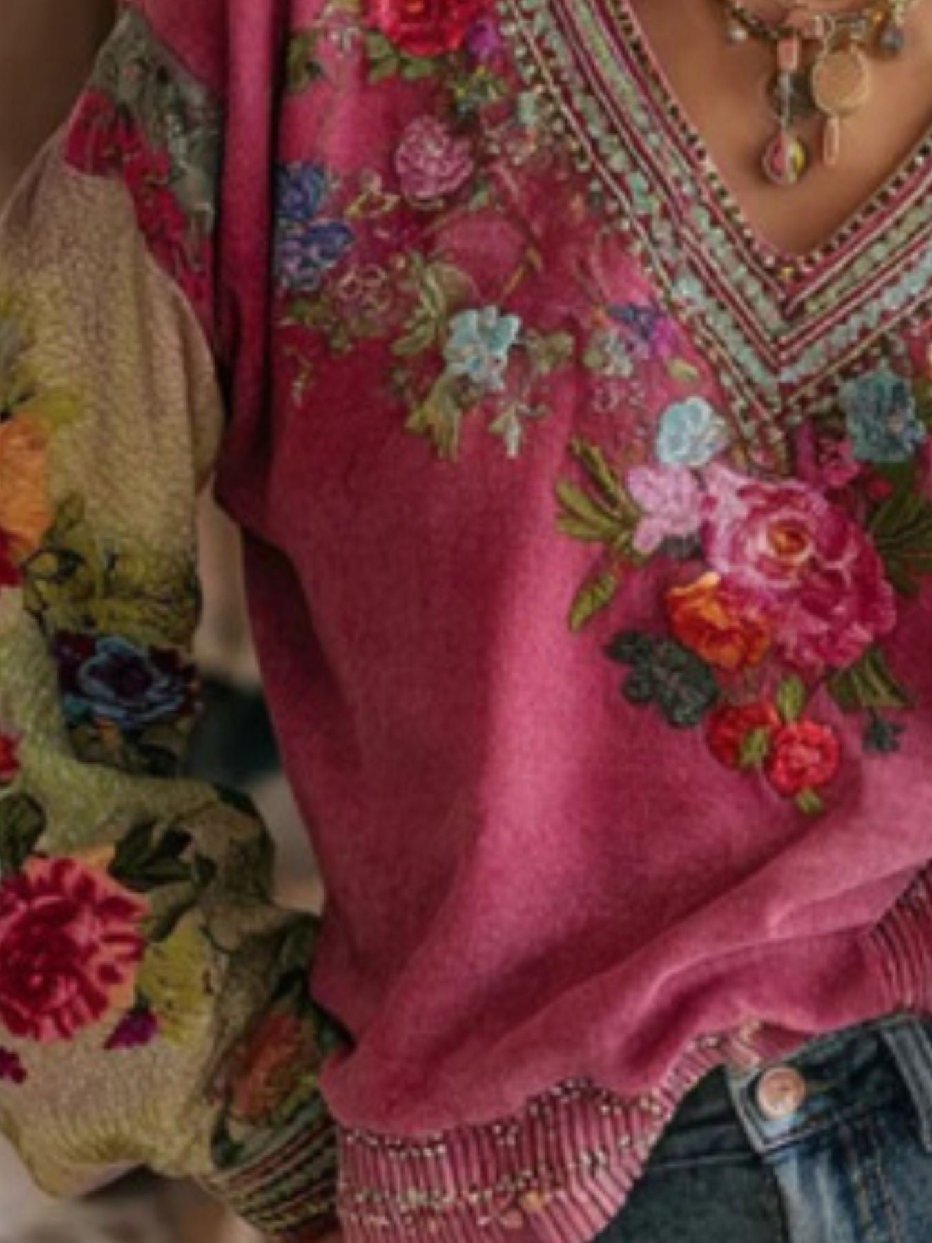 Full Size Floral V-Neck Blouse Plus Size 2