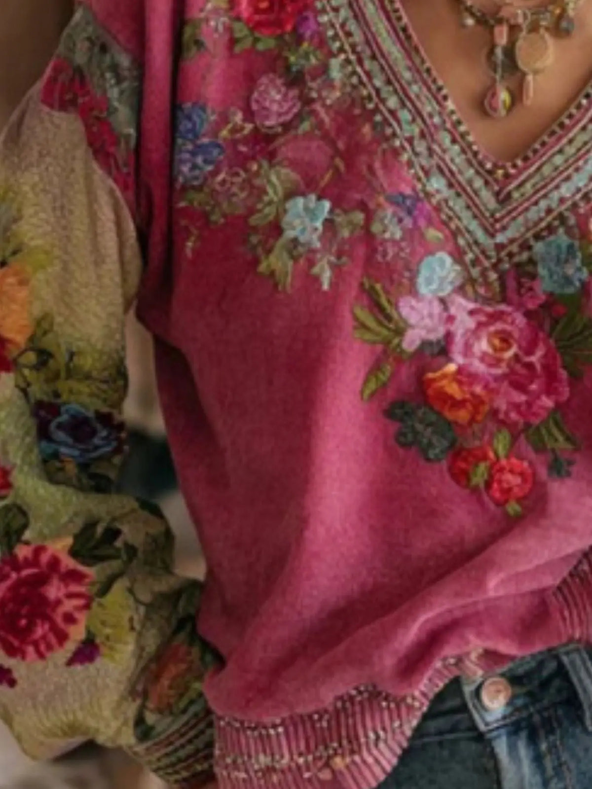 Full Size Floral V-Neck Blouse Plus Size 2