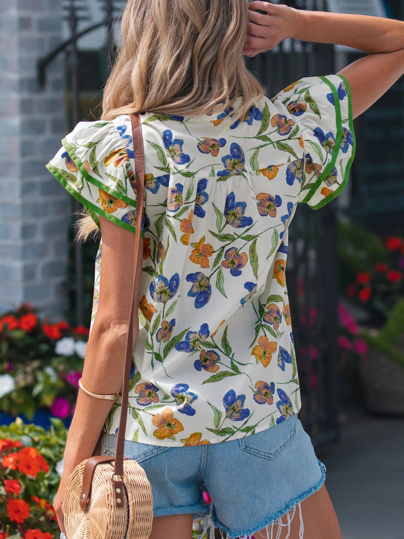 V-Neck Pressed Pleats Binding Tape Cotton Blouse 1