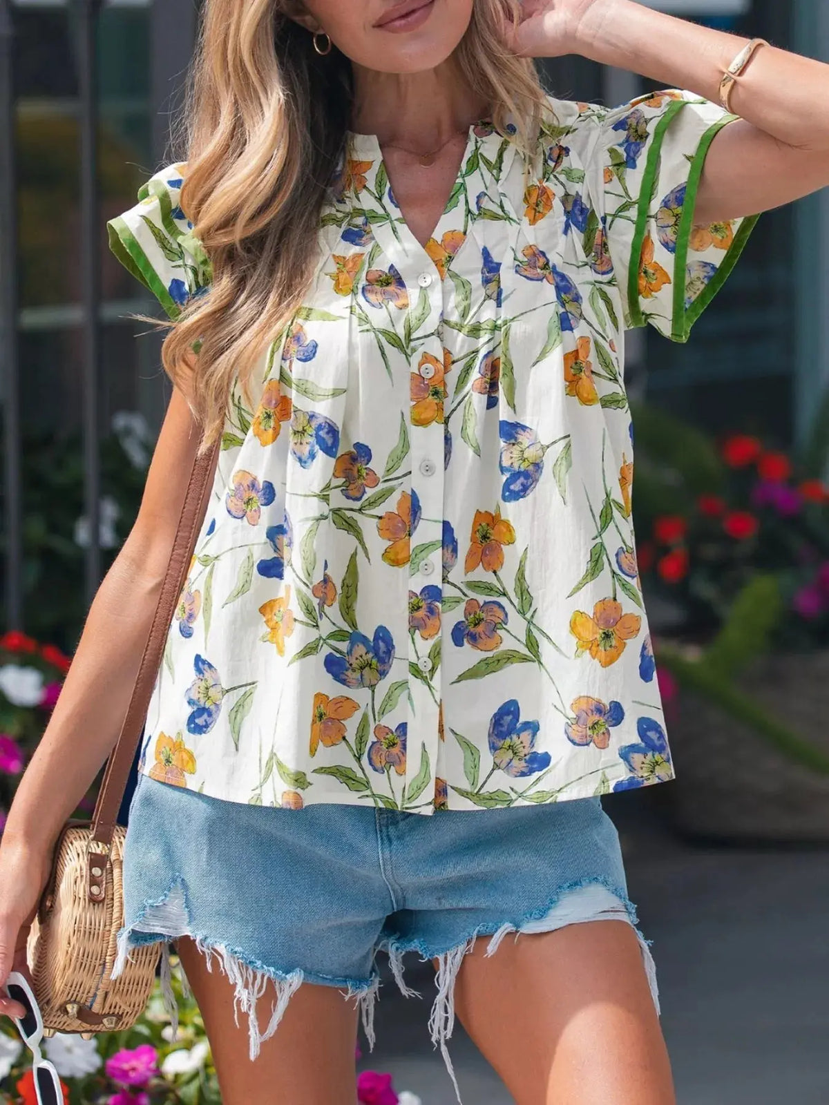 V-Neck Pressed Pleats Binding Tape Cotton Blouse 2
