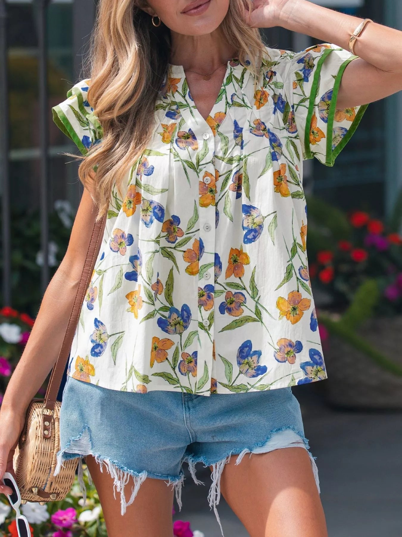 V-Neck Pressed Pleats Binding Tape Cotton Blouse 2