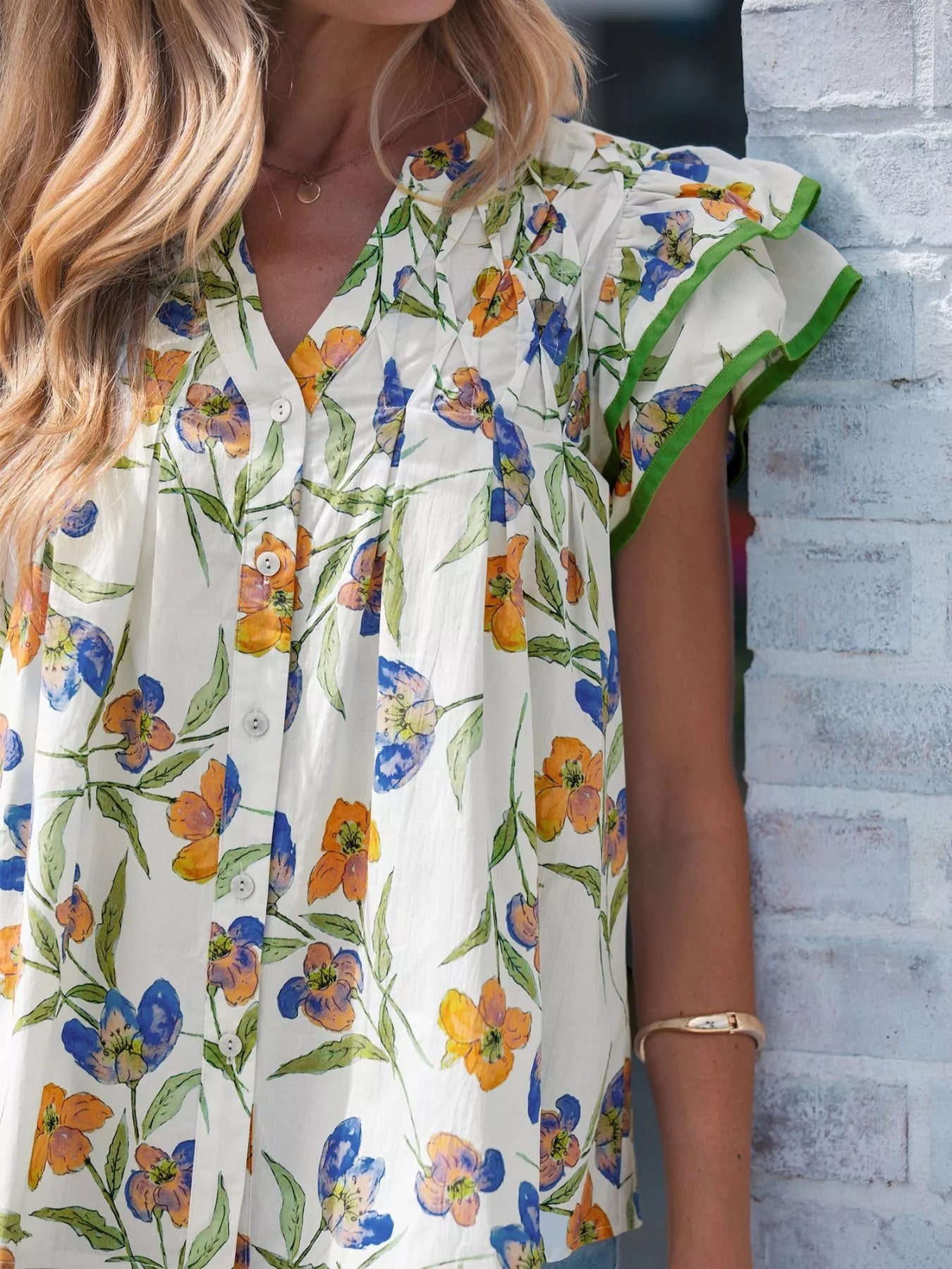V-Neck Pressed Pleats Binding Tape Cotton Blouse 4