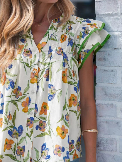 V-Neck Pressed Pleats Binding Tape Cotton Blouse 4