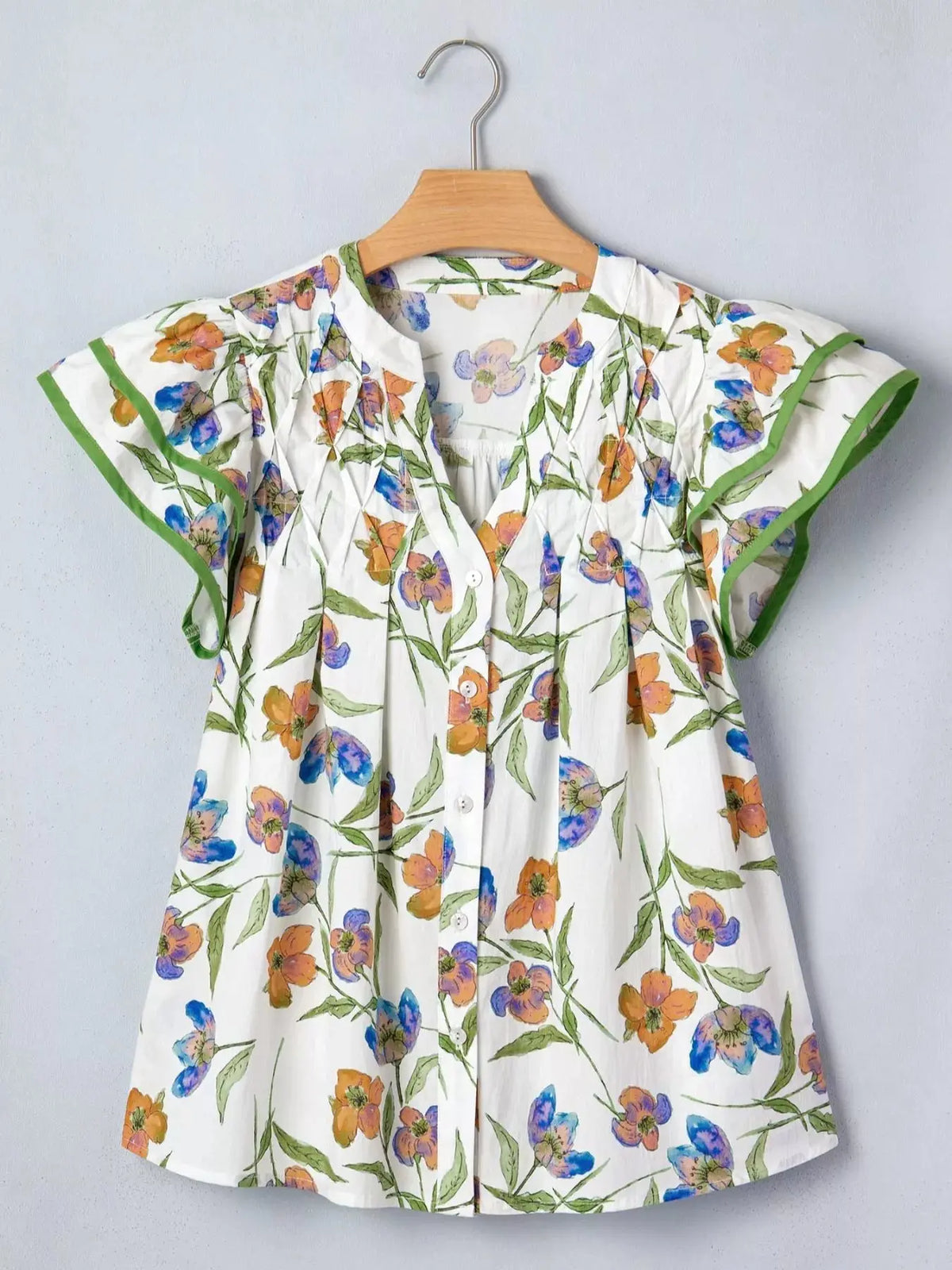 V-Neck Pressed Pleats Binding Tape Cotton Blouse 5