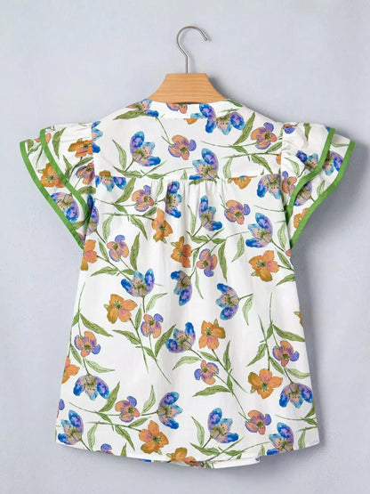 V-Neck Pressed Pleats Binding Tape Cotton Blouse 6