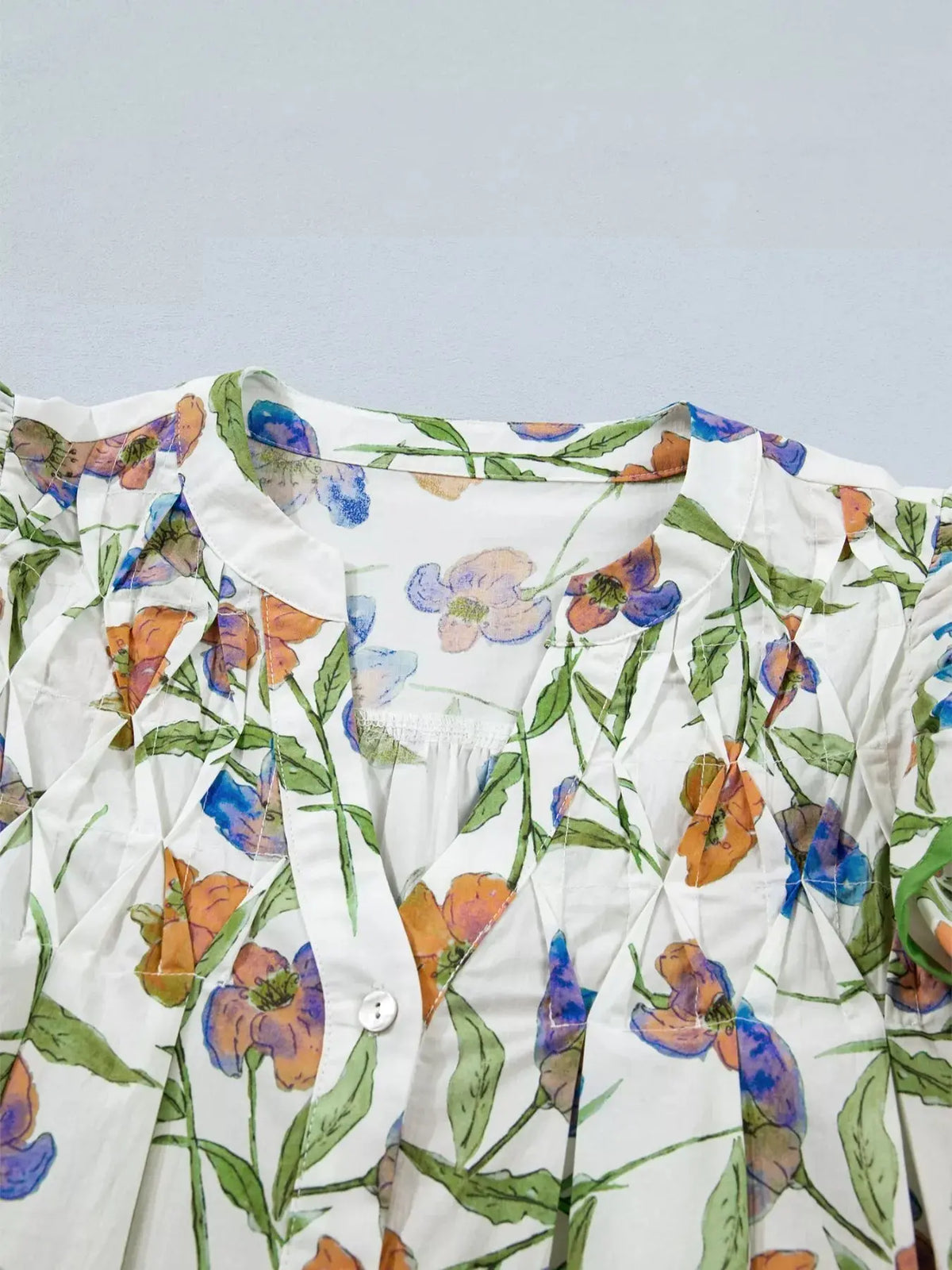 V-Neck Pressed Pleats Binding Tape Cotton Blouse 7