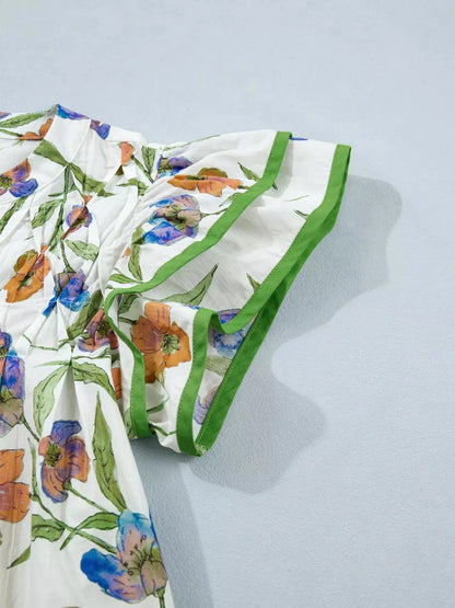 V-Neck Pressed Pleats Binding Tape Cotton Blouse 9