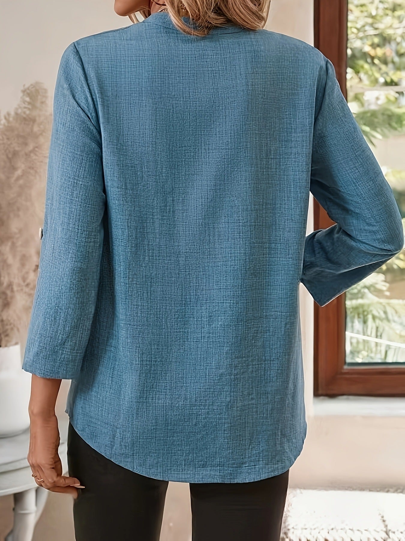 Notched Roll-Up Sleeve Blouse for Women 1