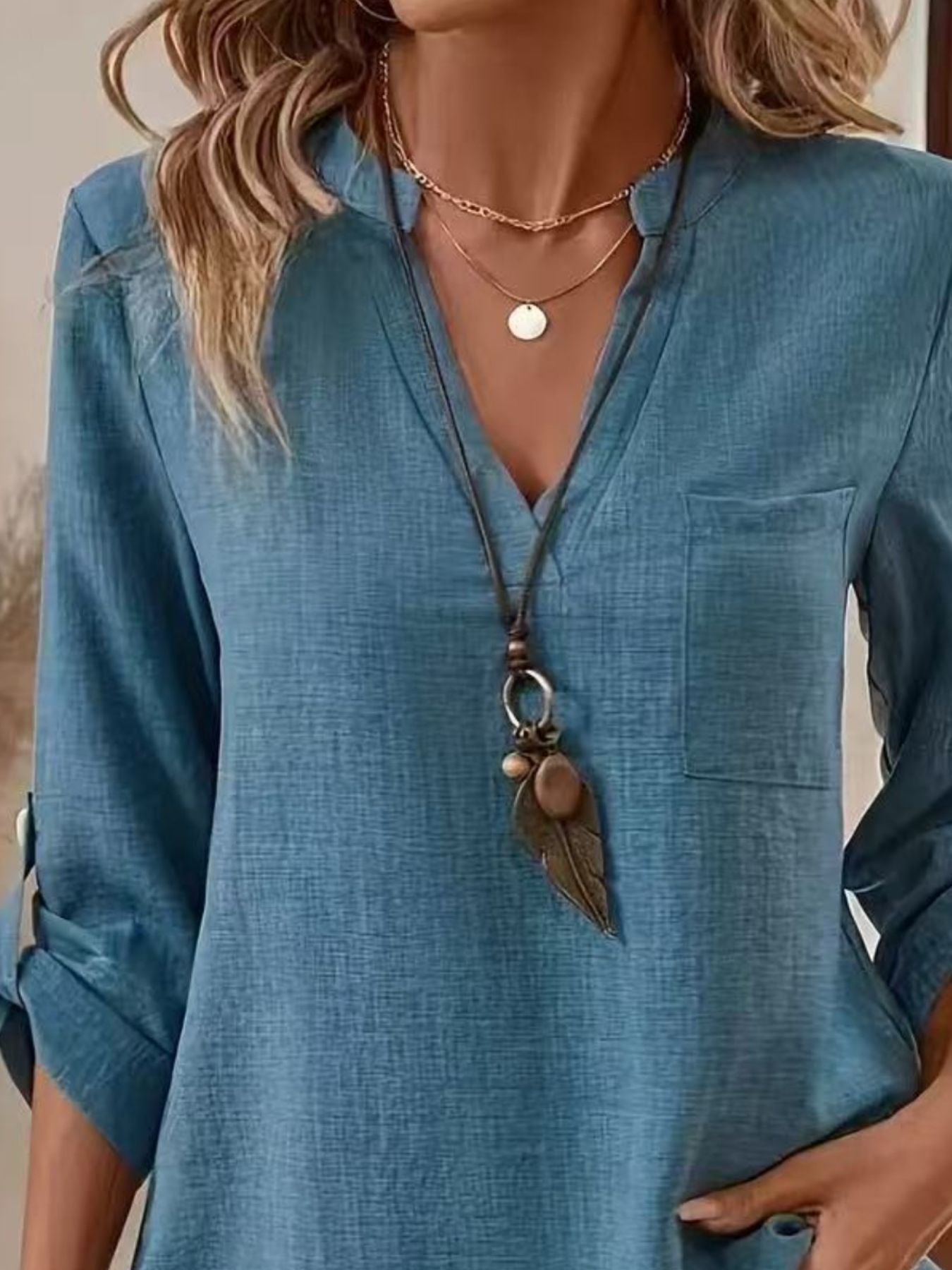 Notched Roll-Up Sleeve Blouse for Women 2