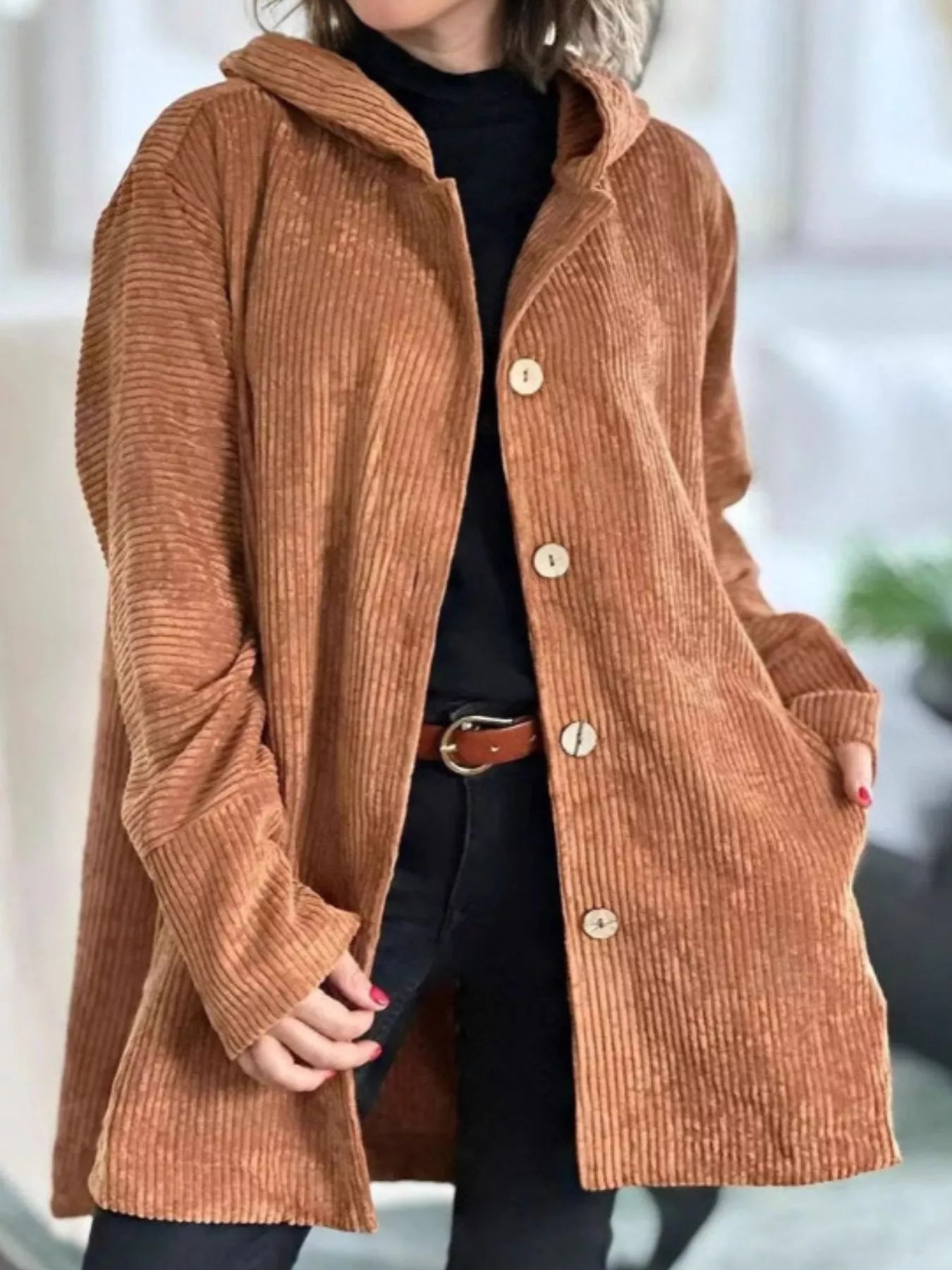 Full Size Corduroy Button Up Hooded Jacket Plus Size 6