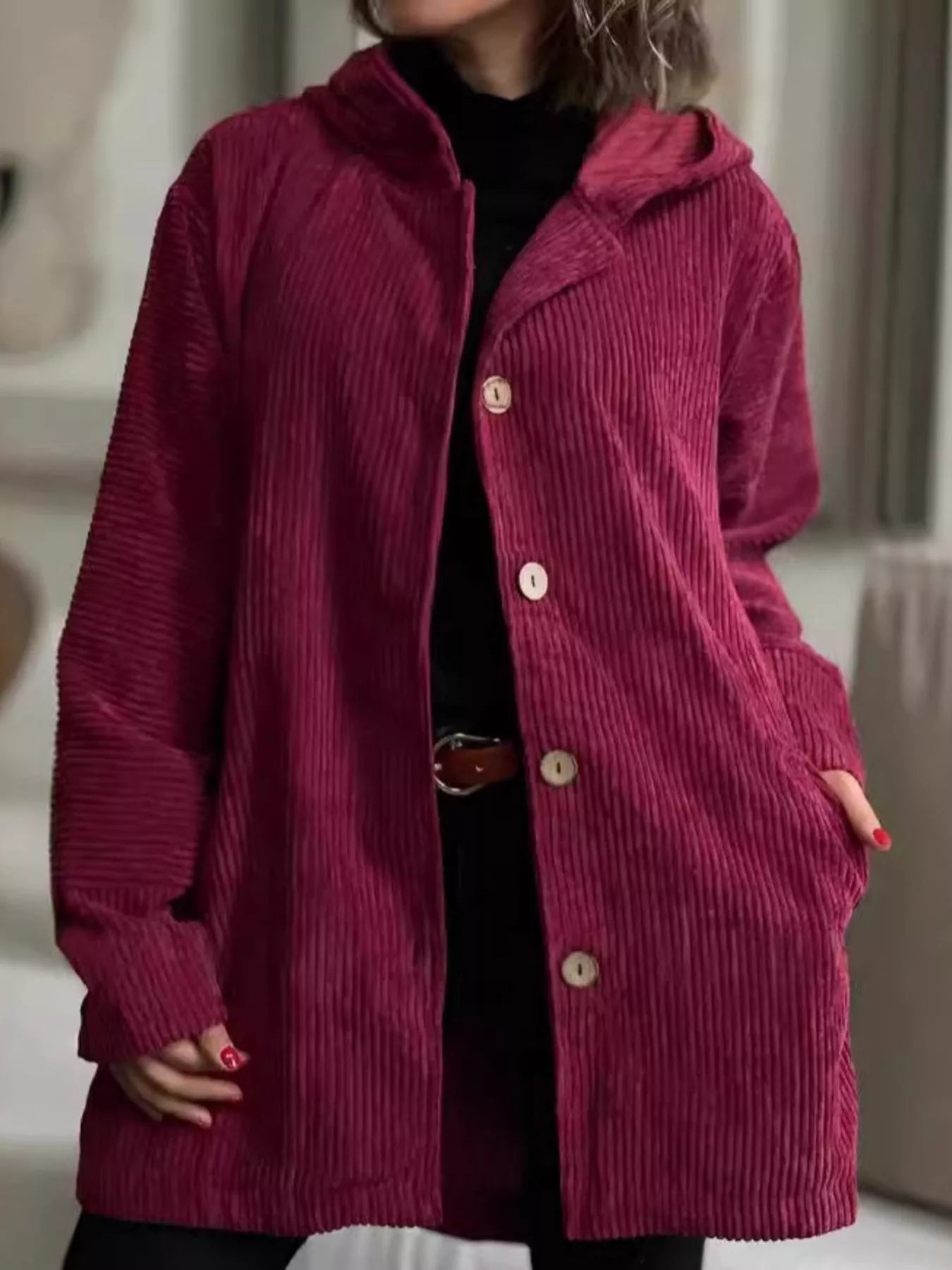 Full Size Corduroy Button Up Hooded Jacket Plus Size 9