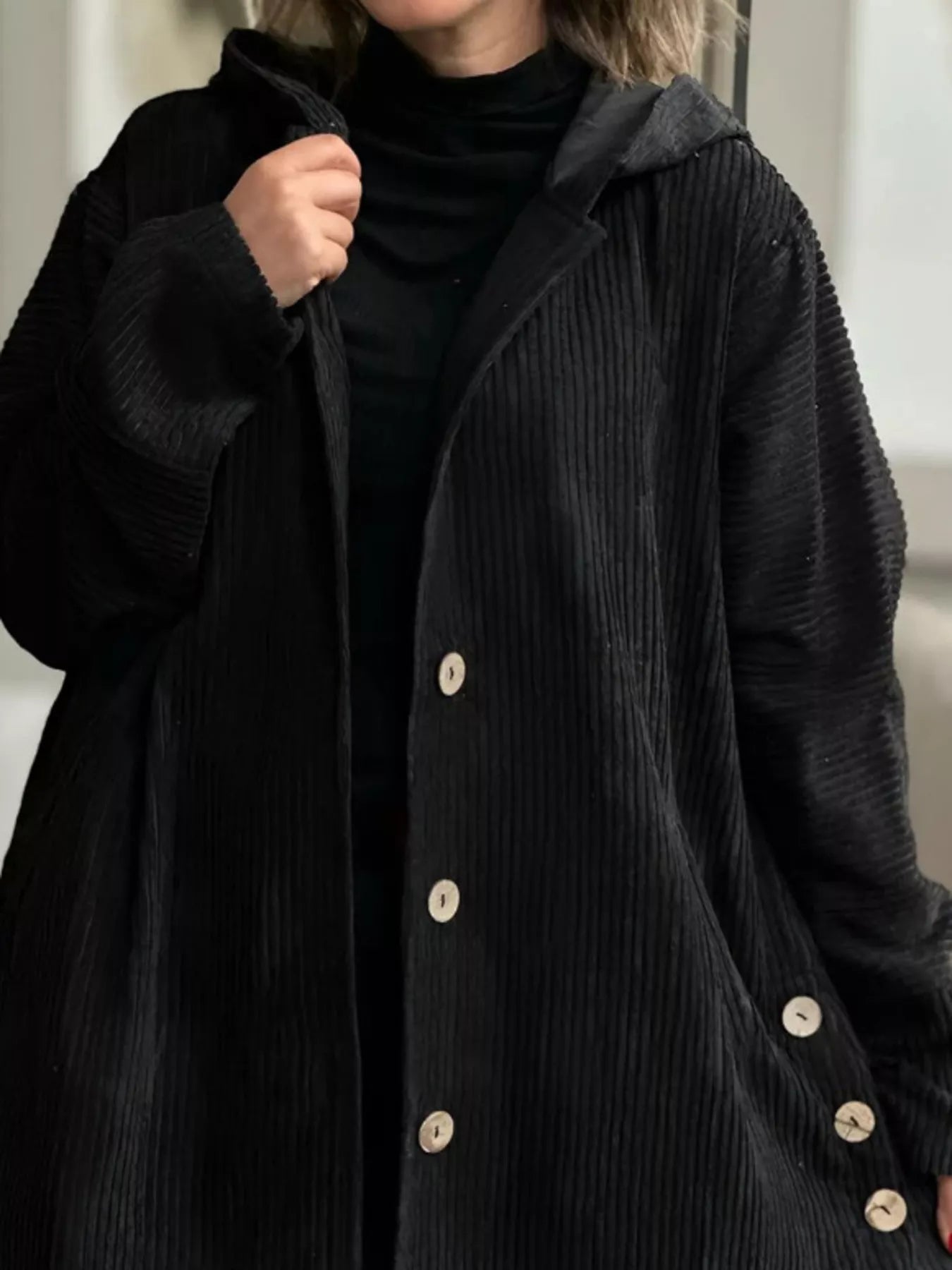 Full Size Corduroy Button Up Hooded Jacket Plus Size 13