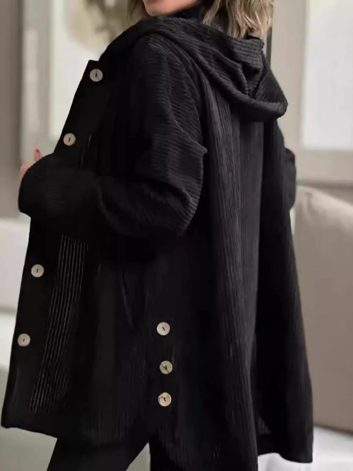 Full Size Corduroy Button Up Hooded Jacket Plus Size 14
