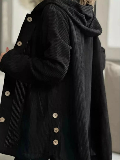 Full Size Corduroy Button Up Hooded Jacket Plus Size 115