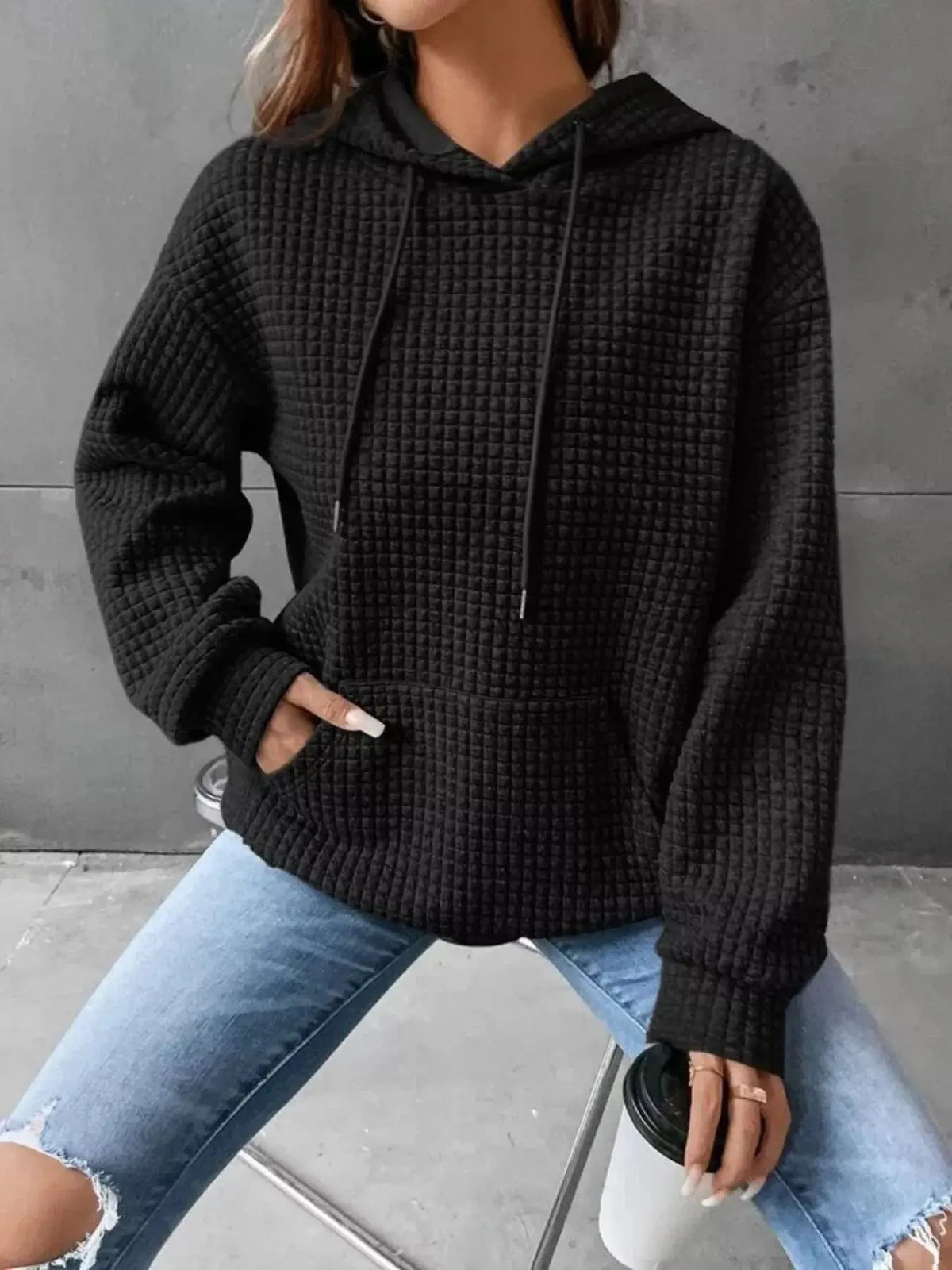 Full Size Textured Kangaroo Pocket Hoodie 3