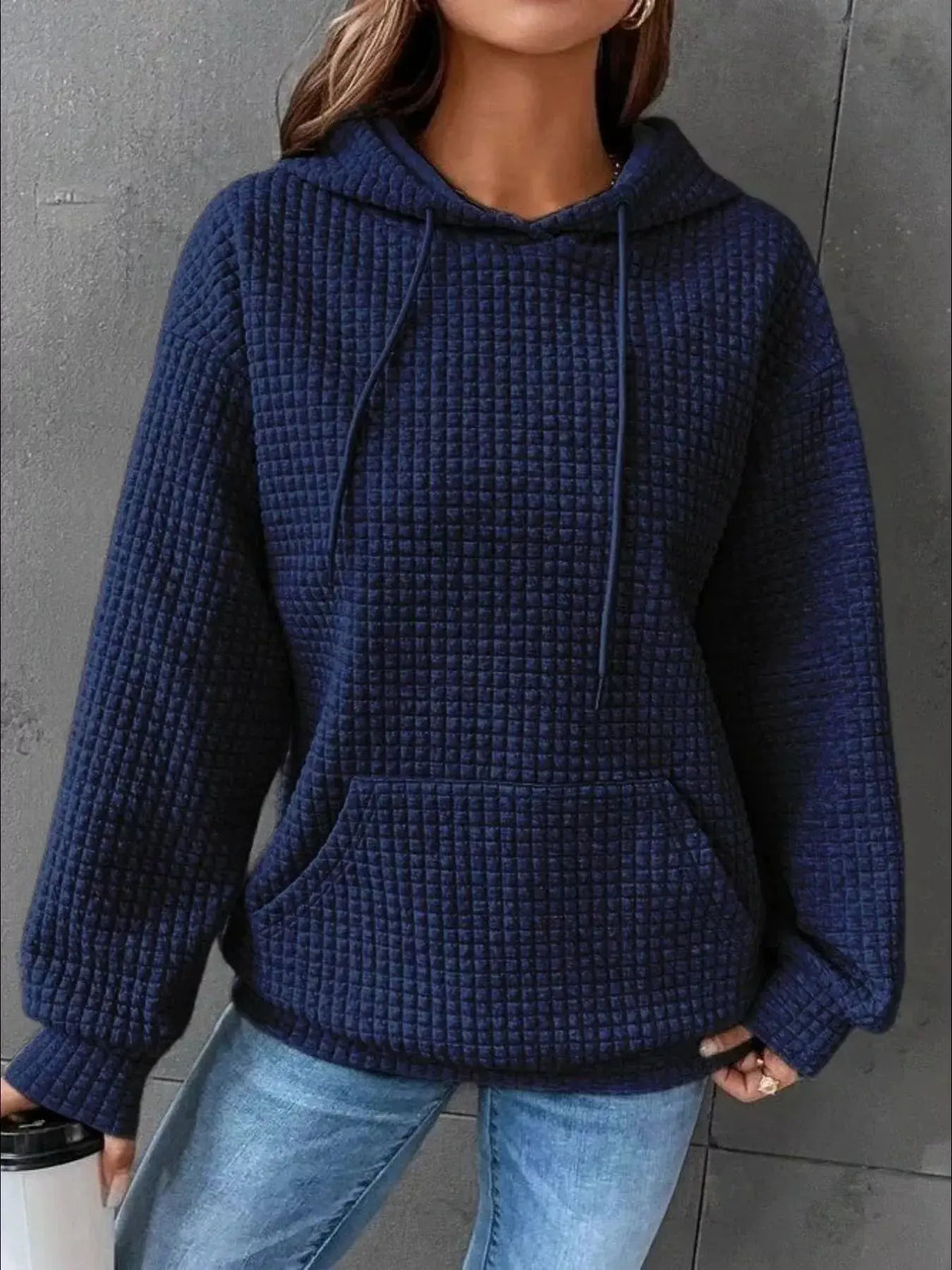 Full Size Textured Kangaroo Pocket Hoodie 01