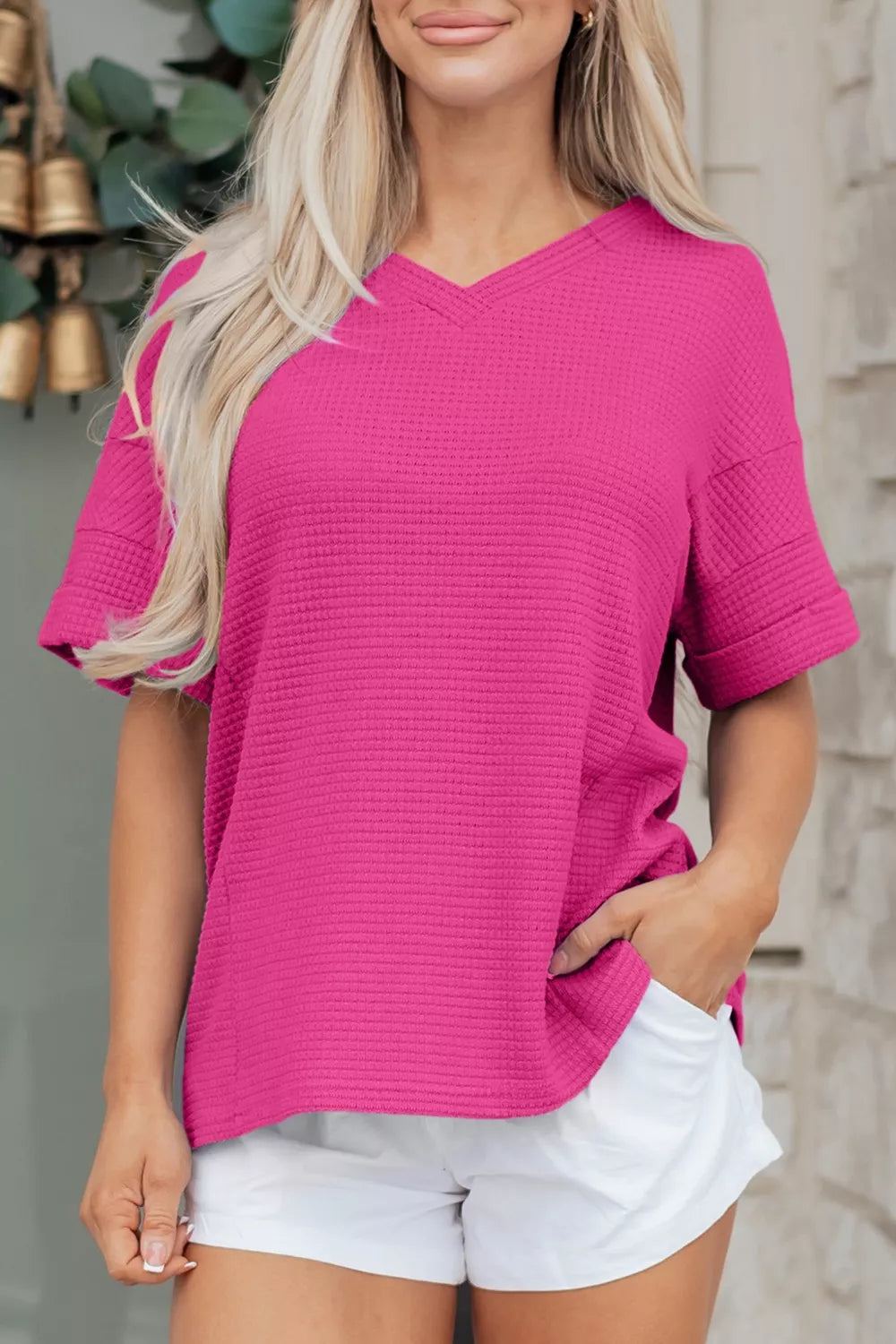 Waffle Knit V-Neck T-Shirt 