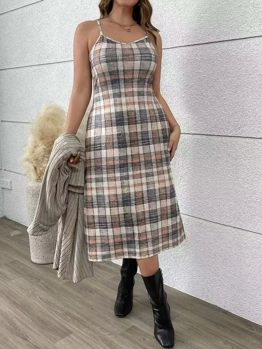 Full Size Plaid Dress &amp; Ribbed Knit Cardigan Set Plus Size Features:RuffledNumber of pieces:Two-pieceStretch:Slightly stretchyMaterial composition:100% polyesterCare instructions:Machine wash cold. Tumble dry low.Imported Product Measurements (Measurements by inches) &amp; Size Conversion 1