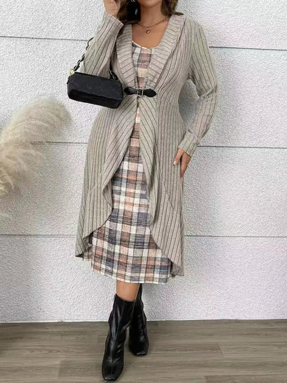 Full Size Plaid Dress &amp; Ribbed Knit Cardigan Set Plus Size Features:RuffledNumber of pieces:Two-pieceStretch:Slightly stretchyMaterial composition:100% polyesterCare instructions:Machine wash cold. Tumble dry low.Imported Product Measurements (Measurements by inches) &amp; Size Conversion3