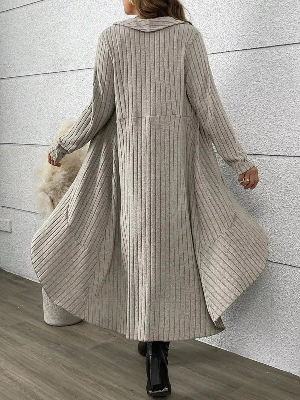 Full Size Plaid Dress &amp; Ribbed Knit Cardigan Set Plus Size Features:RuffledNumber of pieces:Two-pieceStretch:Slightly stretchyMaterial composition:100% polyesterCare instructions:Machine wash cold. Tumble dry low.Imported Product Measurements (Measurements by inches) &amp; Size Conversion 5