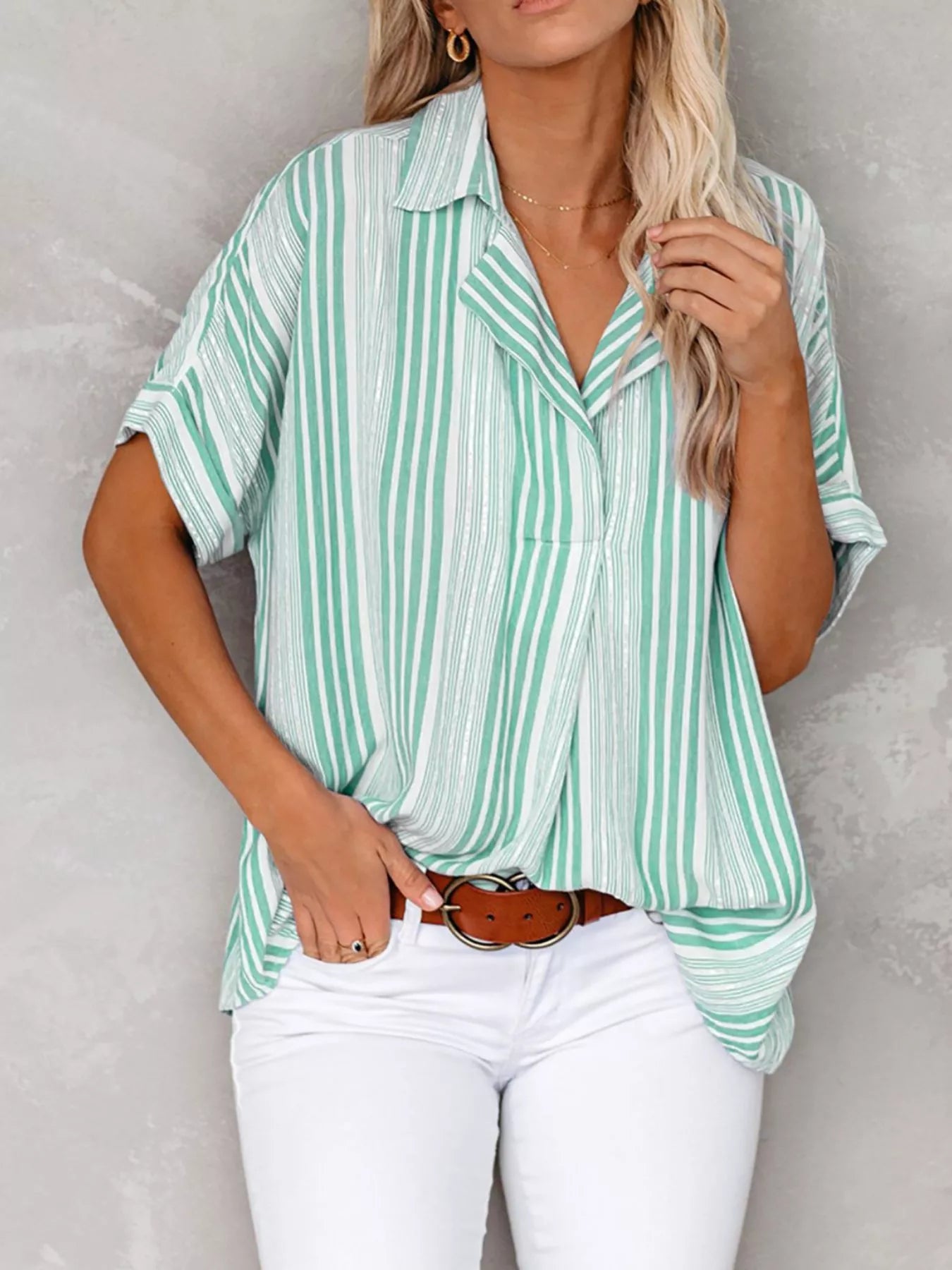 Full Size Collared Neck Half Sleeve Shirt 5