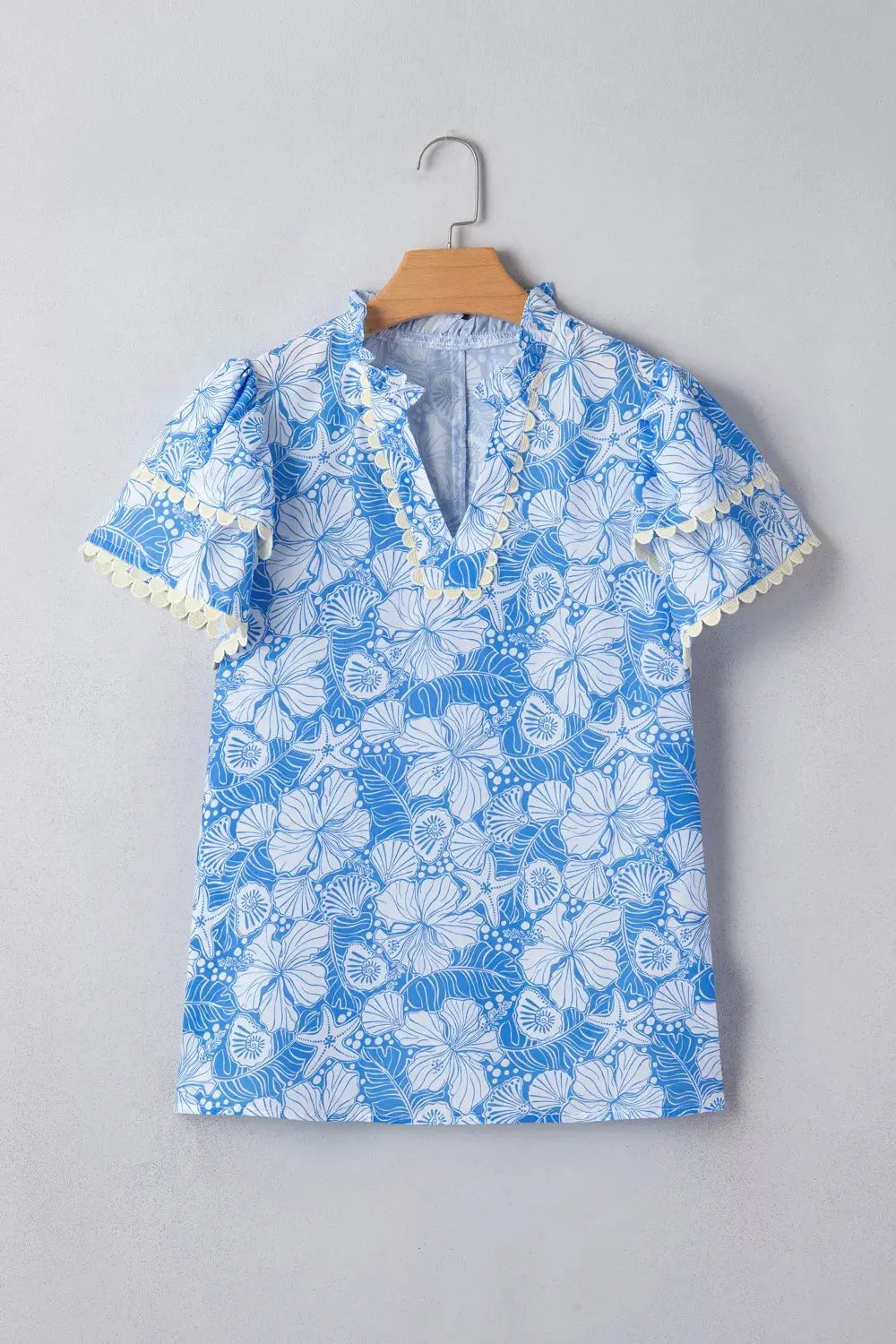 Scalloped Trim V Neck Short Sleeve Blouse 2