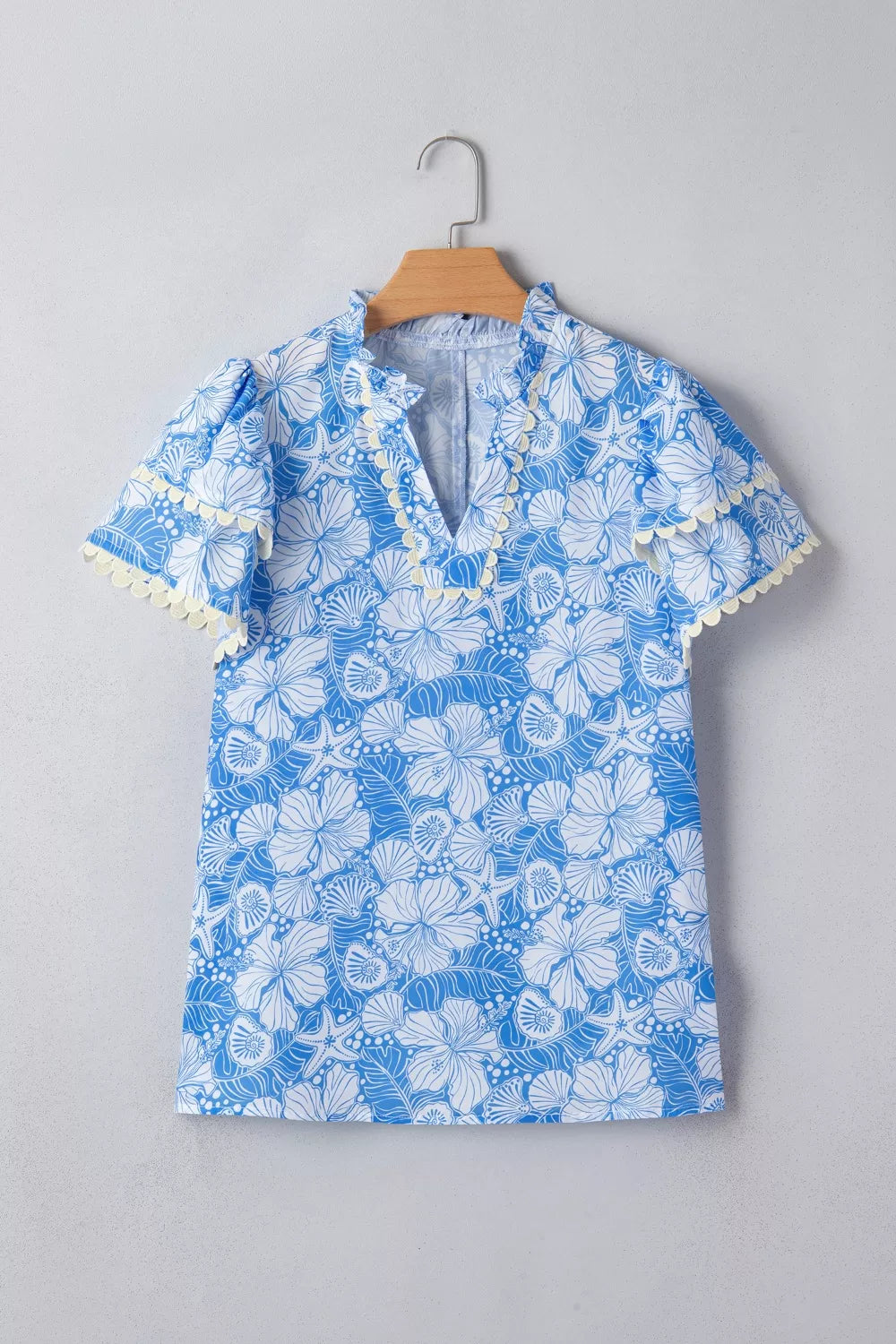 Scalloped Trim V Neck Short Sleeve Blouse 2