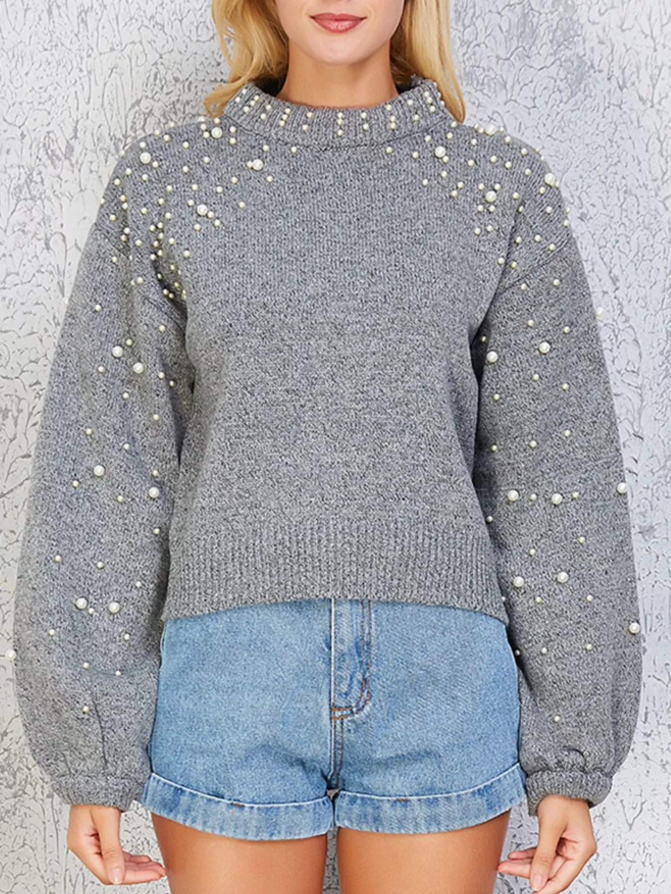 Mock Neck Sweater Pearl-Embellished 1