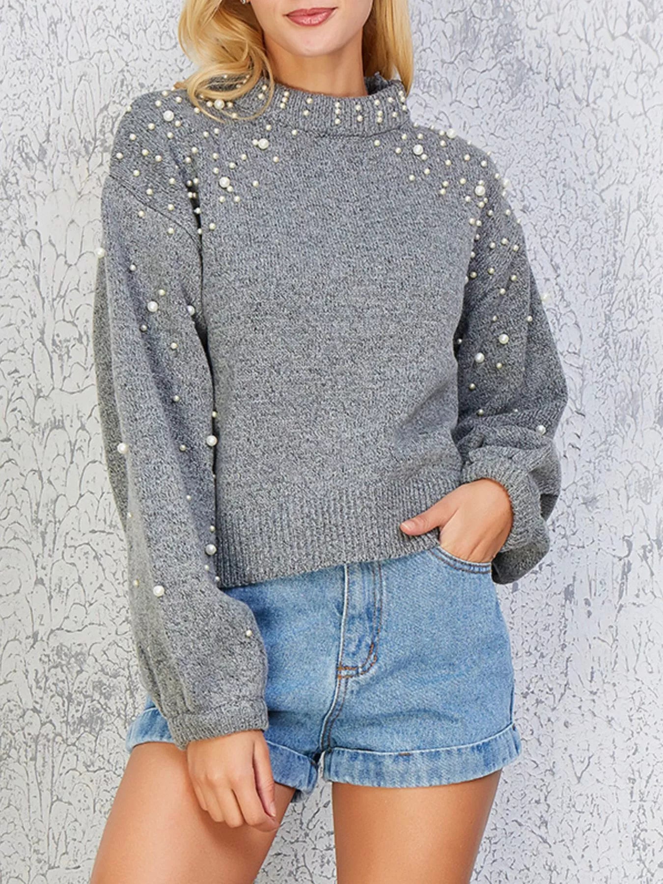 Mock Neck Sweater Pearl-Embellished 4