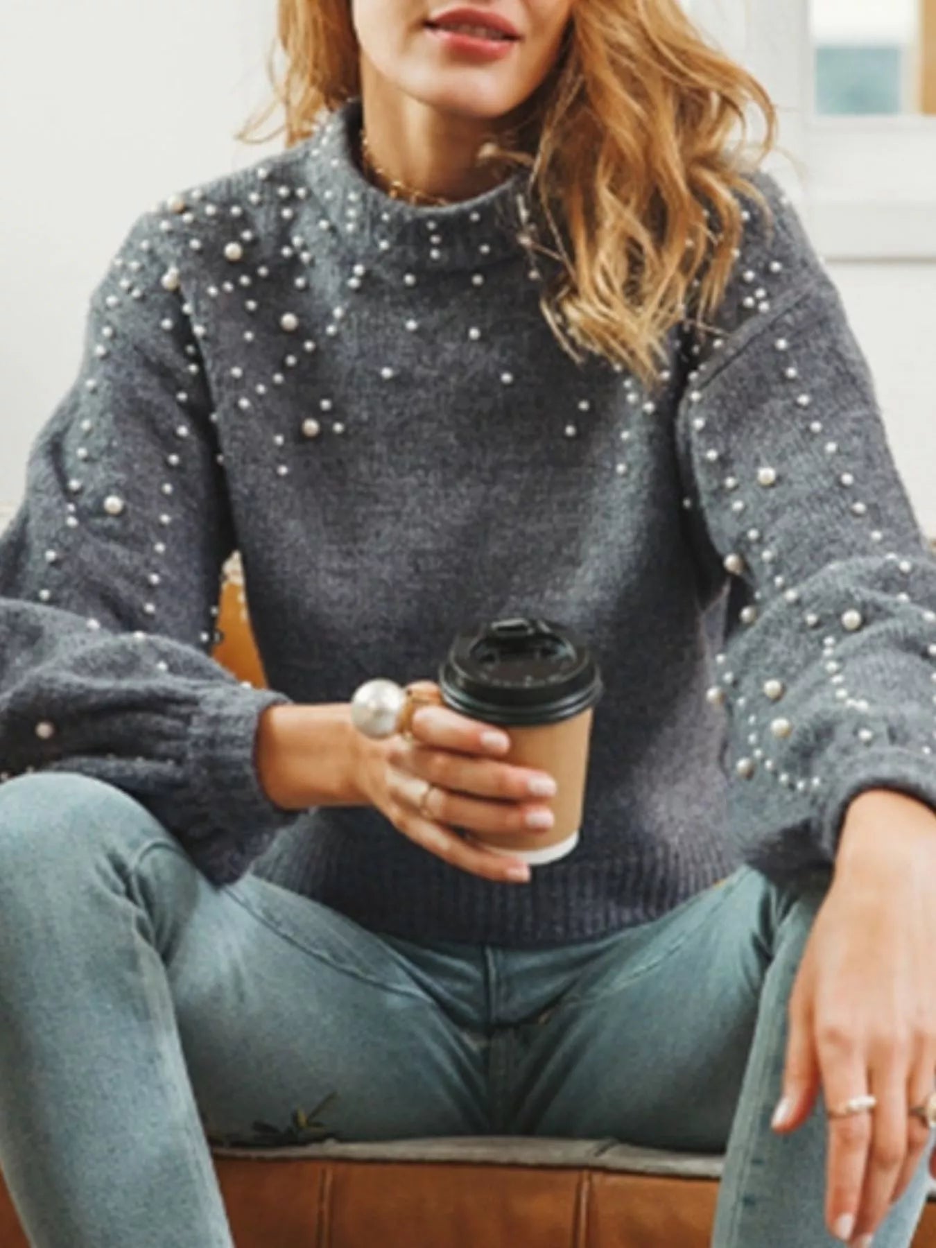 Mock Neck Sweater Pearl-Embellished 9