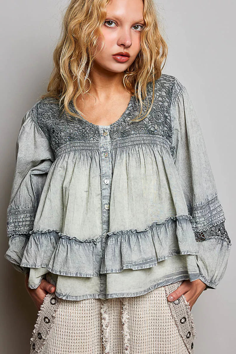 POL Washed Layered Lace Pintuck Flared Woven Blouse 