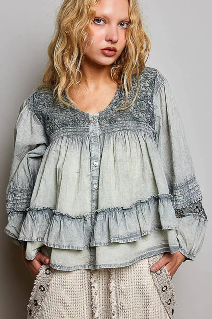 POL Washed Layered Lace Pintuck Flared Woven Blouse 
