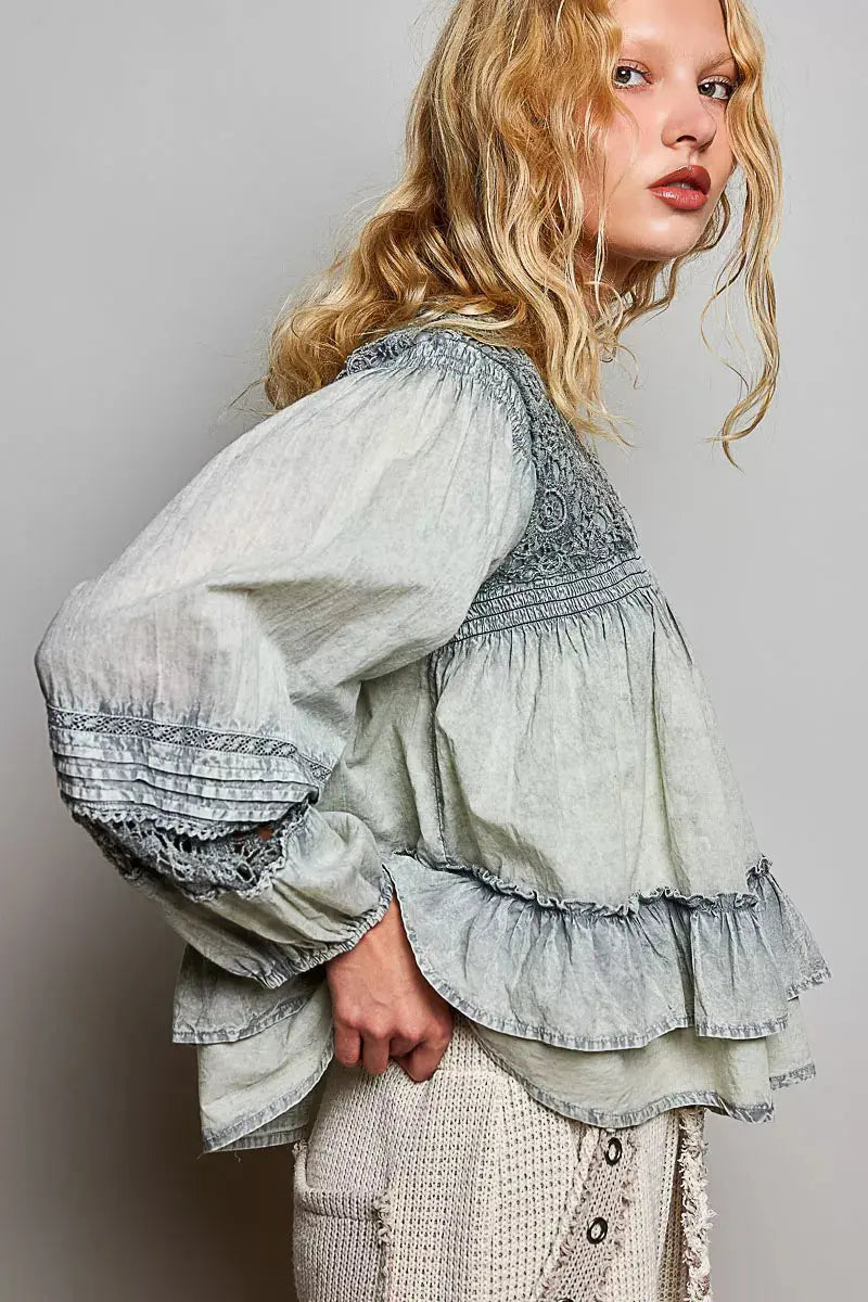 POL Washed Layered Lace Pintuck Flared Woven Blouse 1