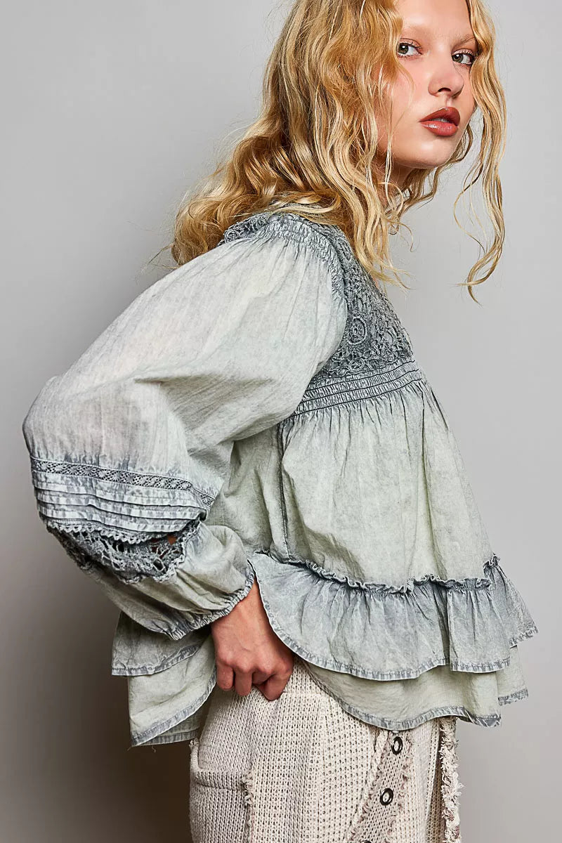 POL Washed Layered Lace Pintuck Flared Woven Blouse 1