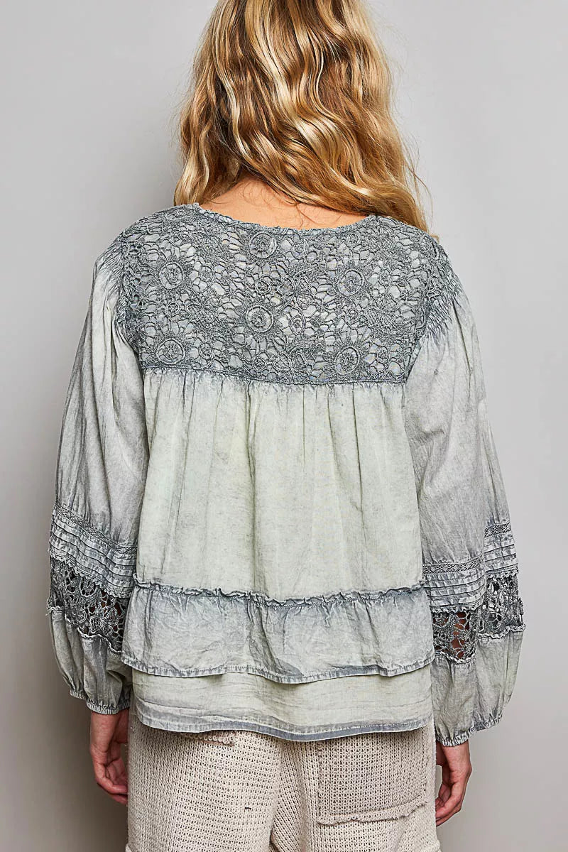 POL Washed Layered Lace Pintuck Flared Woven Blouse 2