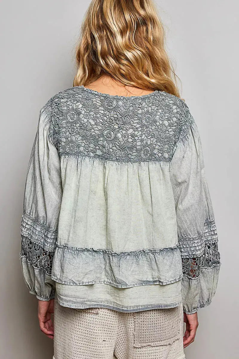 POL Washed Layered Lace Pintuck Flared Woven Blouse 2