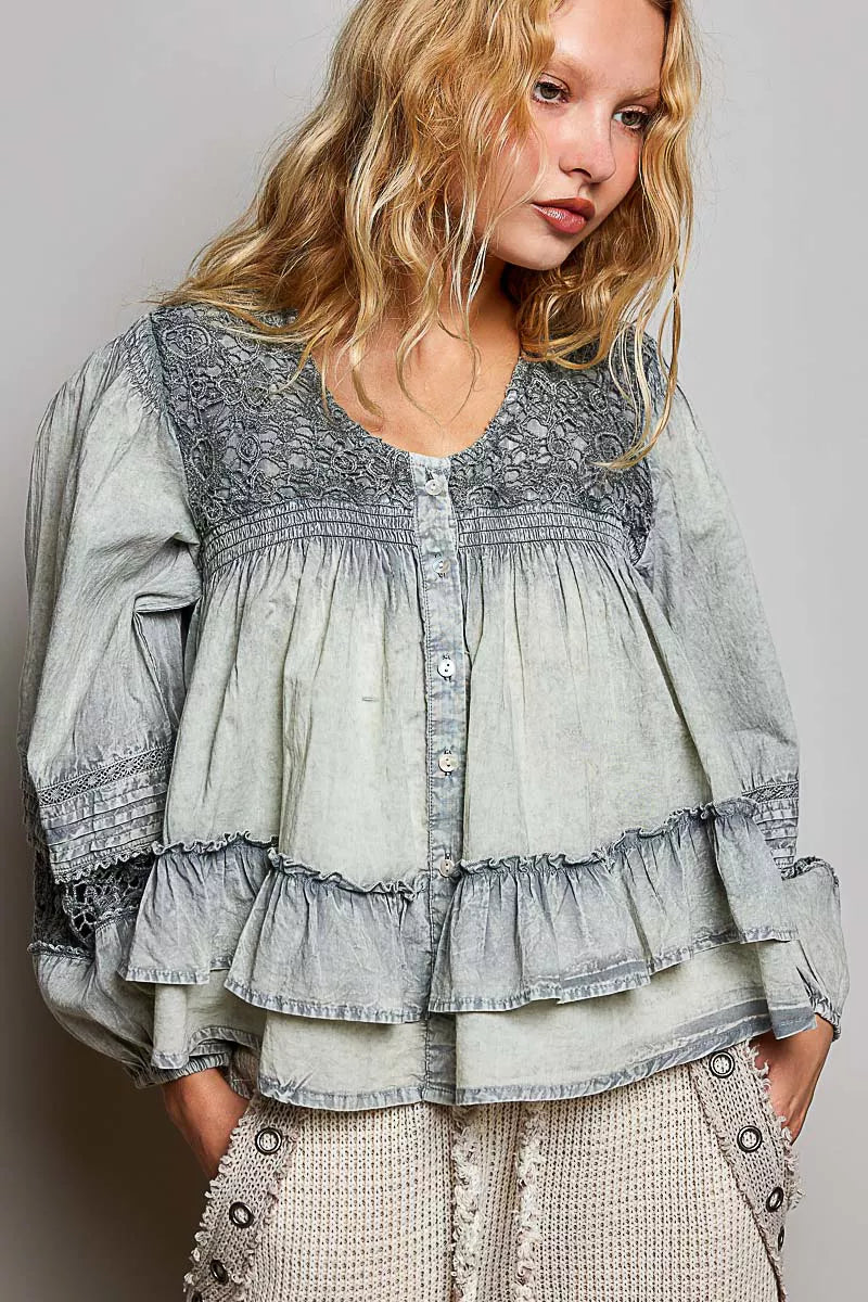 POL Washed Layered Lace Pintuck Flared Woven Blouse 3