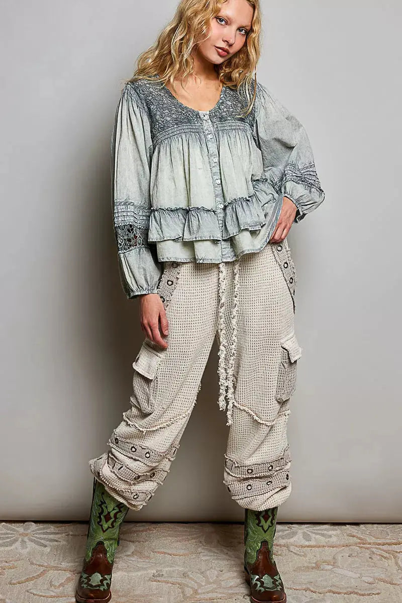 POL Washed Layered Lace Pintuck Flared Woven Blouse 4